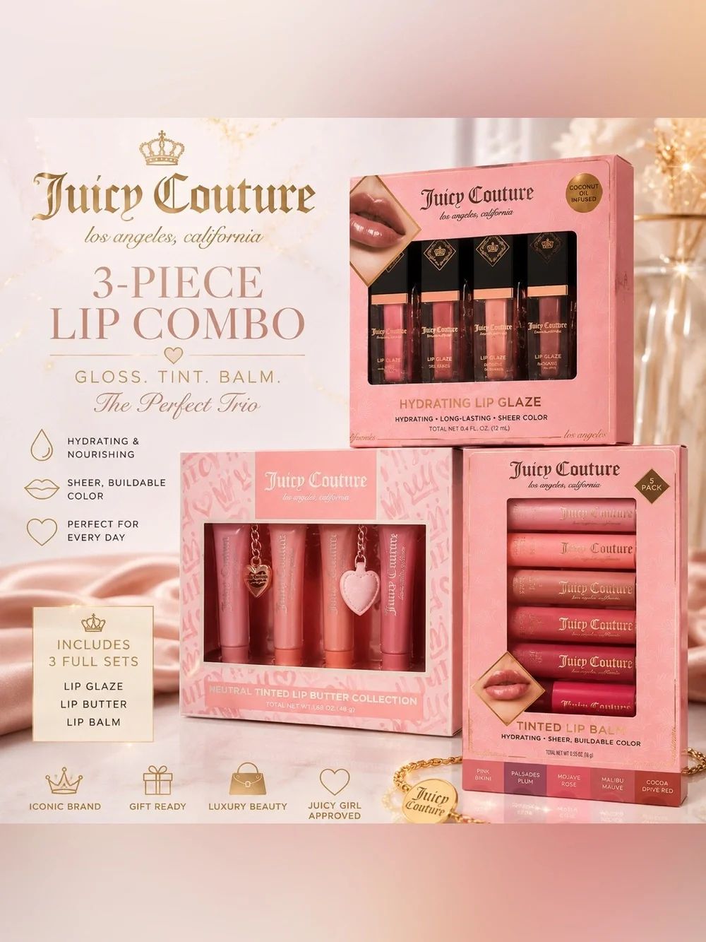 Juicy Couture Pink 3-Piece Lip Set – Gloss, Tint & Balm Trio